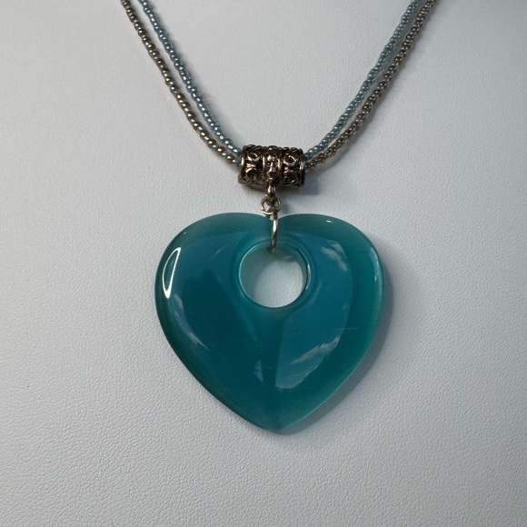 Hand Crafted Blue Glass Heart Pendant Necklace Boho Chic Statement Necklace - Picture 4 of 12
